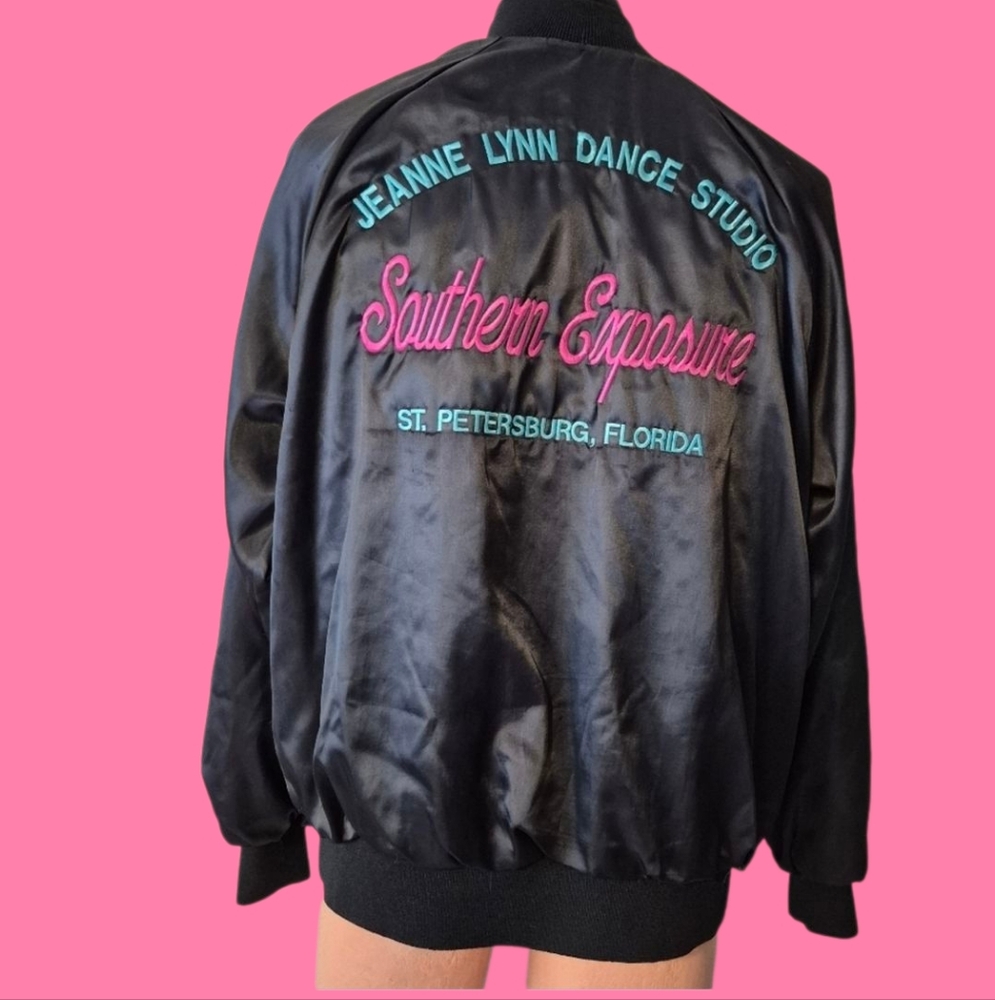 Vintage Black Satin Jacket with Pink Blue Embroidery Large